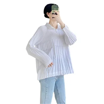 Мияке плиссированный top za žene jesen 2021 nova bijela velika površina za mršavljenje ovratnik-satna munje košulja s dugim rukavima džemper za žene